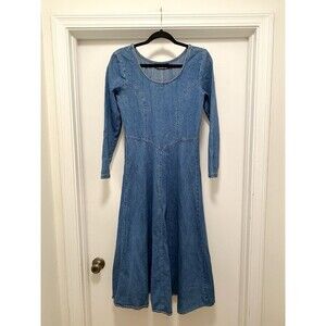 VTG Denim Dress Womens Small Midi Fit Flare Cottage Core Dark Academia Cowgirl